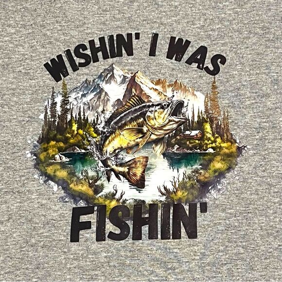 Gildan Heavy Cotton Wishin' I‎ Was Fishin' T-Shirt Sport Gray Size Medium - Picture 1 of 4
